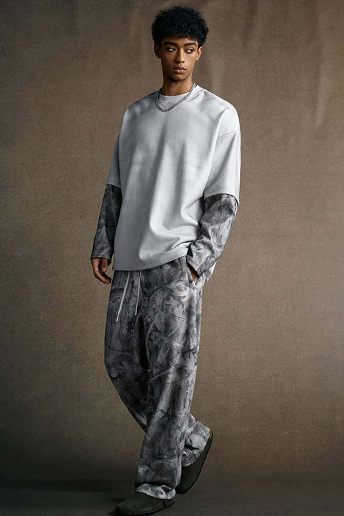 Faux-Layer Camo Long Sleeve Tee - Light Gray