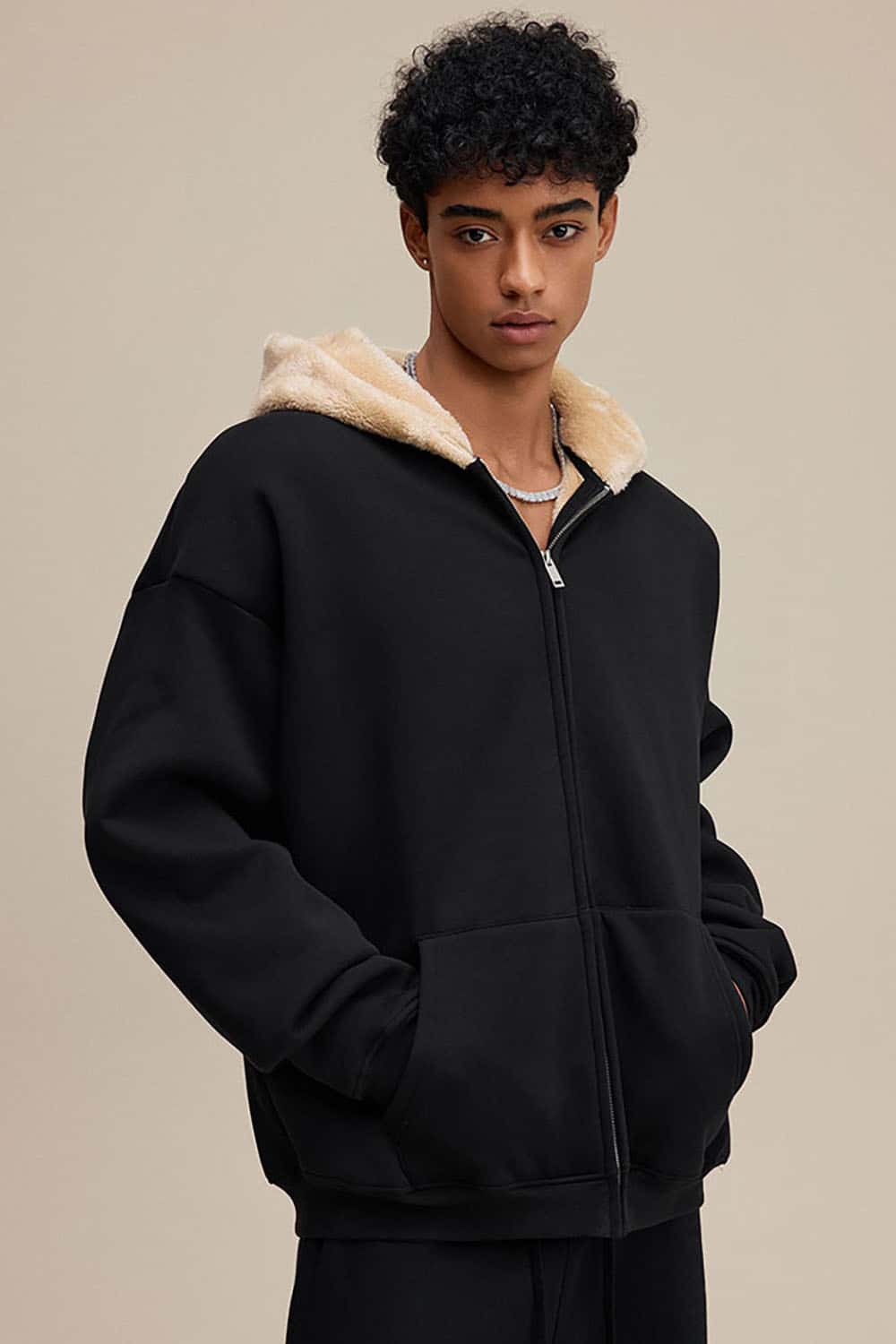 Plush Lined Zip-Up Hoodie _ Loose Fit Fleece Hooded Sweatshirt Jacket