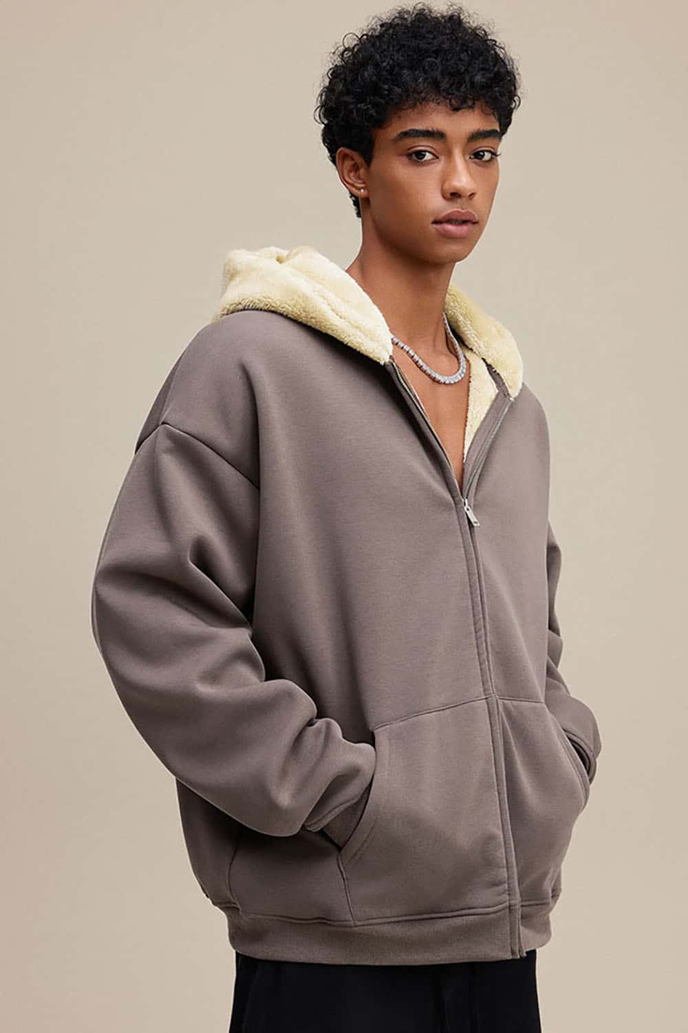 Plush Lined Zip-Up Hoodie _ Loose Fit Fleece Hooded Sweatshirt Jacket