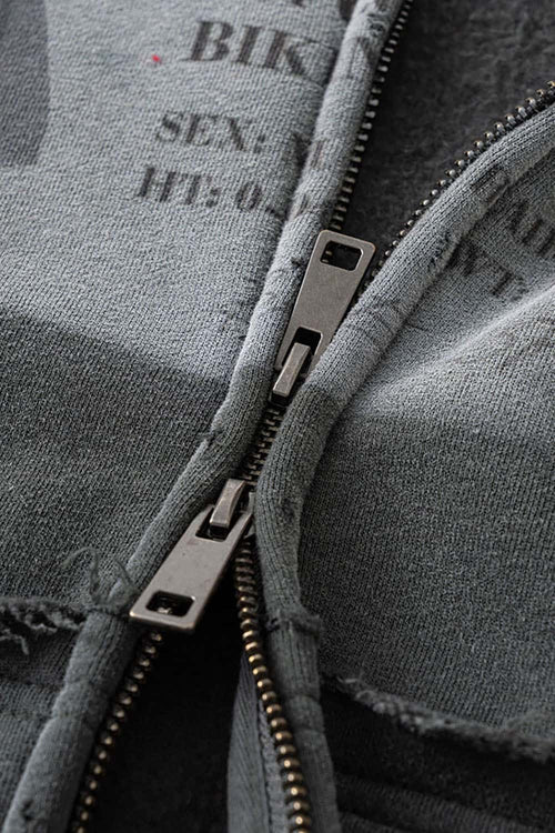 Distressed Graphic Zip-Up Punk Hoodie - Dark Gray