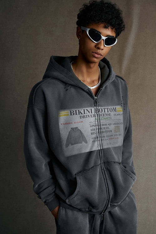 Distressed Graphic Zip-Up Punk Hoodie - Dark Gray