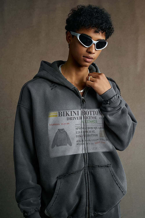 Distressed Graphic Zip-Up Punk Hoodie - Dark Gray