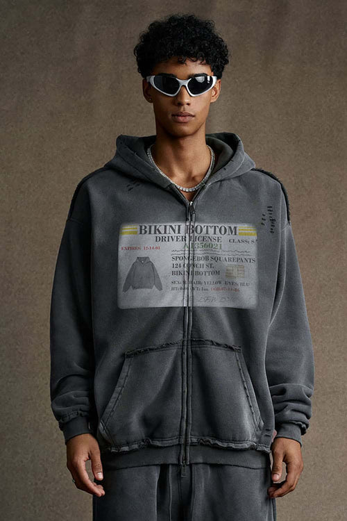 Distressed Graphic Zip-Up Punk Hoodie - Dark Gray
