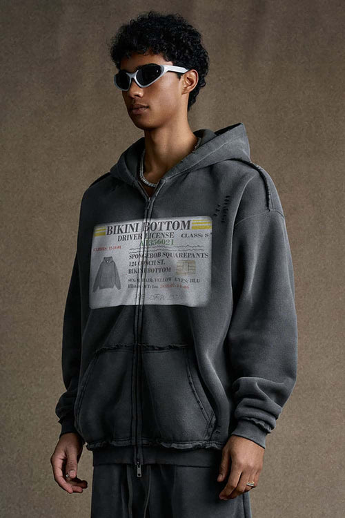 Distressed Graphic Zip-Up Punk Hoodie - Dark Gray