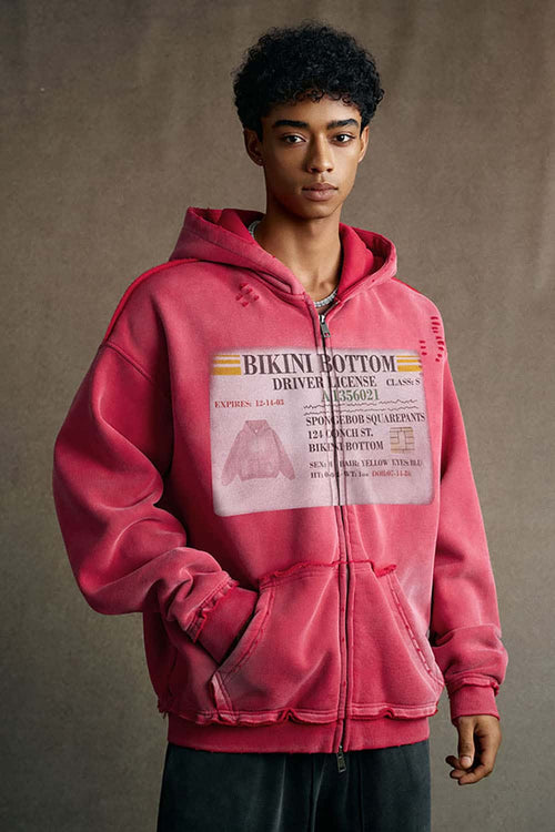 Distressed Graphic Zip-Up Punk Hoodie - Red