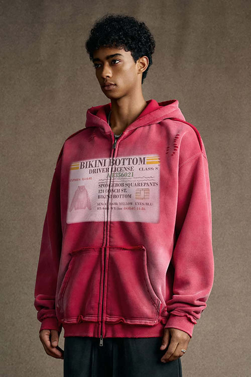Distressed Graphic Zip-Up Punk Hoodie - Red