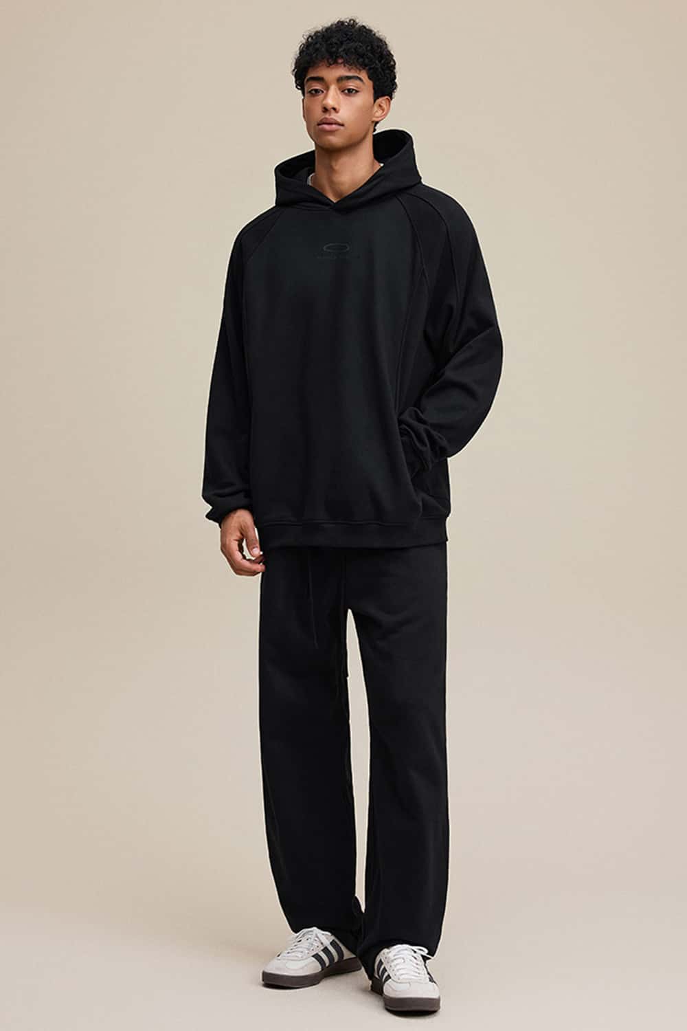 Textured Suede Paneled Streetwear Hoodie - Black