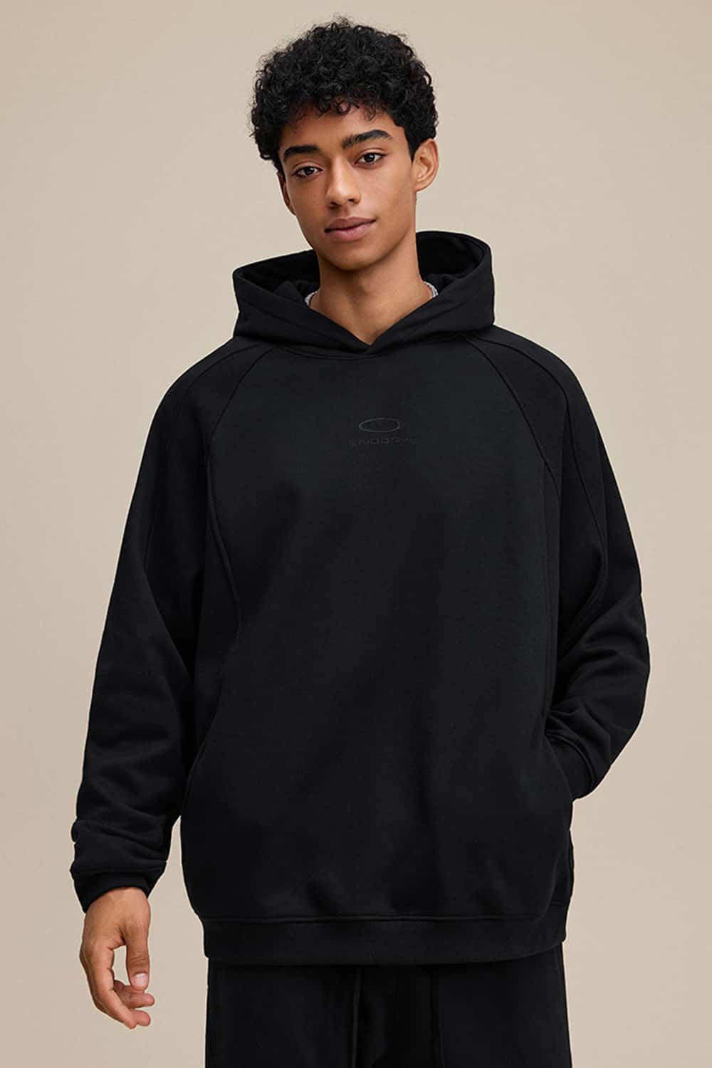Textured Suede Paneled Streetwear Hoodie - Black
