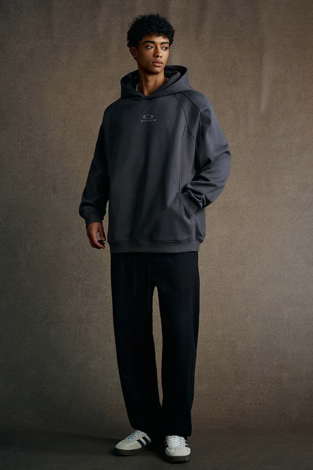 Textured Suede Paneled Streetwear Hoodie - Dark Gray