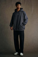 Textured Suede Paneled Streetwear Hoodie - Dark Gray