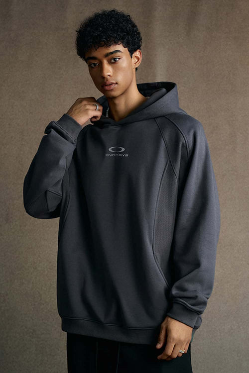 Textured Suede Paneled Streetwear Hoodie - Dark Gray