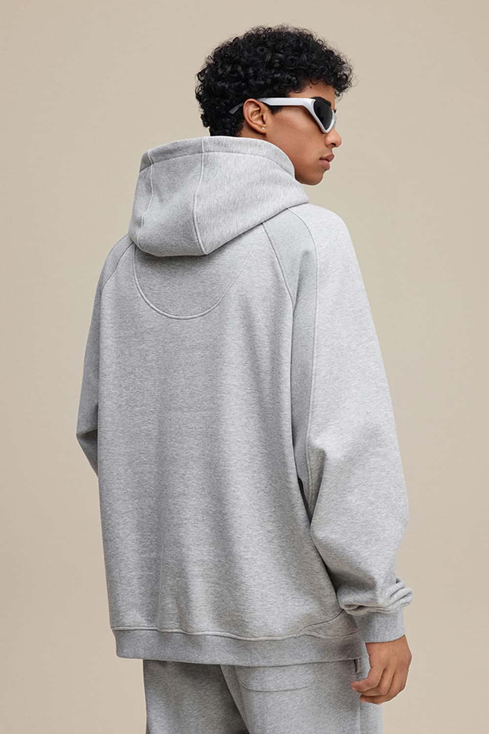 Textured Suede Paneled Streetwear Hoodie - Flower Gray