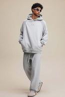 Textured Suede Paneled Streetwear Hoodie - Flower Gray