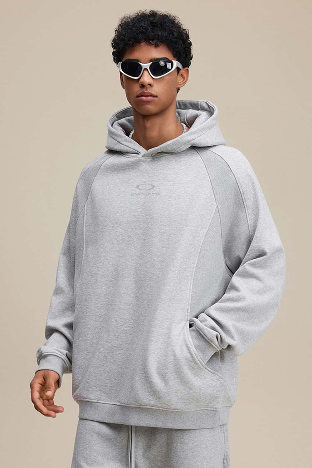 Textured Suede Paneled Streetwear Hoodie - Flower Gray