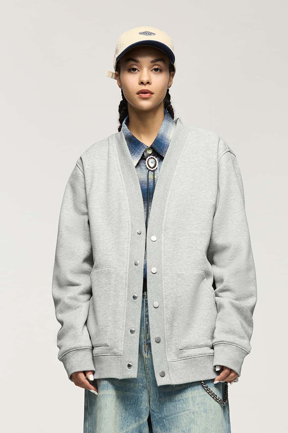 Premium Fleece Zip Cardigan - Flower Gray