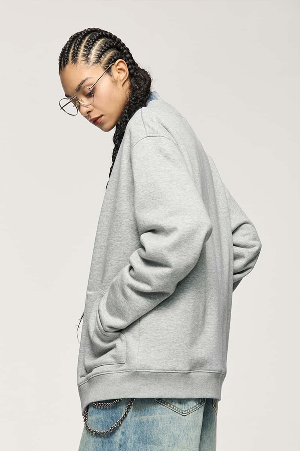 Premium Fleece Zip Cardigan - Flower Gray