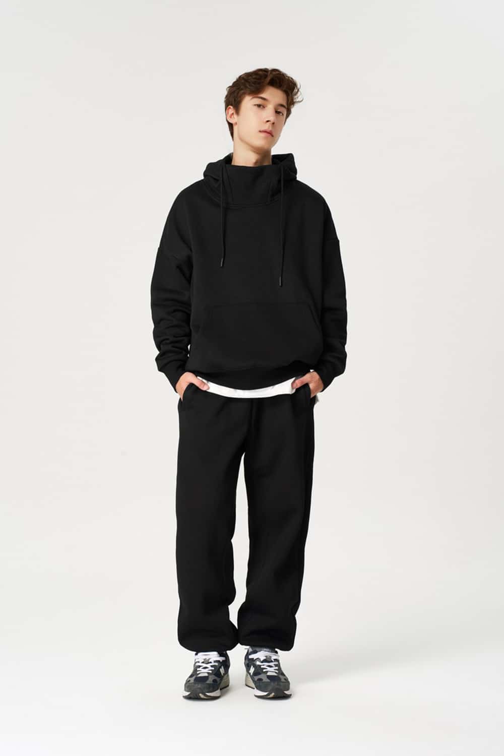 Premium Fleece Mock Neck Active Hoodie - Black