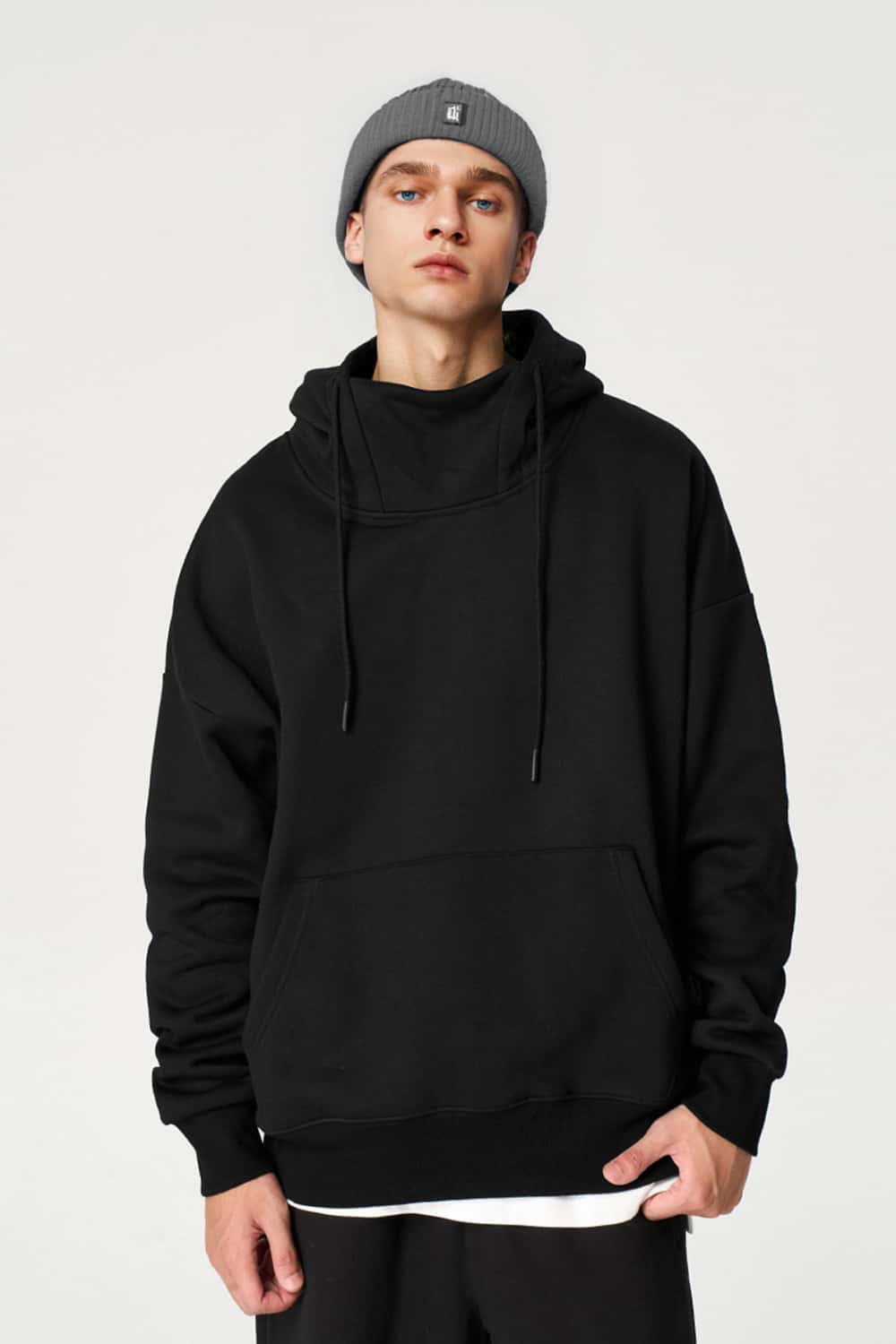 Premium Fleece Mock Neck Active Hoodie - Black