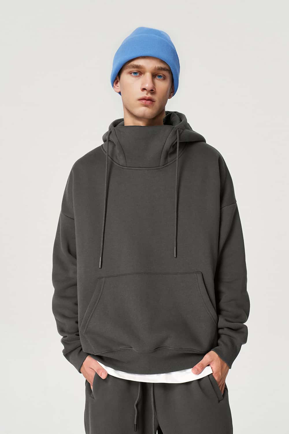 Premium Fleece Mock Neck Active Hoodie - Dark Gray