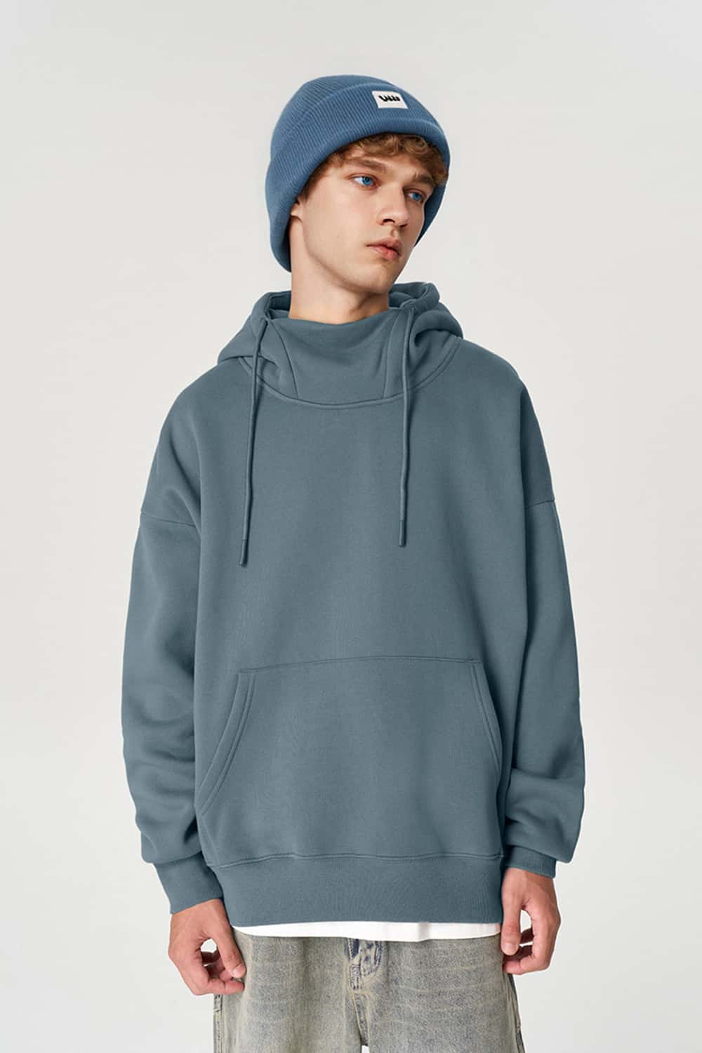 Premium Fleece Mock Neck Active Hoodie - Grayish Blue