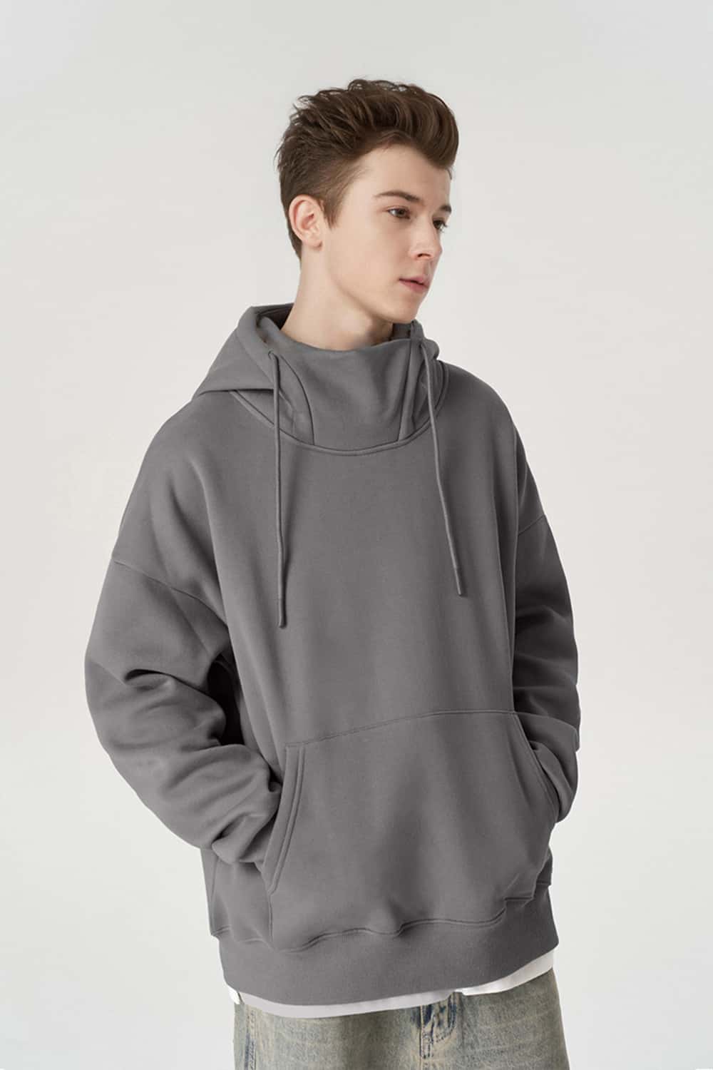 Premium Fleece Mock Neck Active Hoodie - Medium Gray