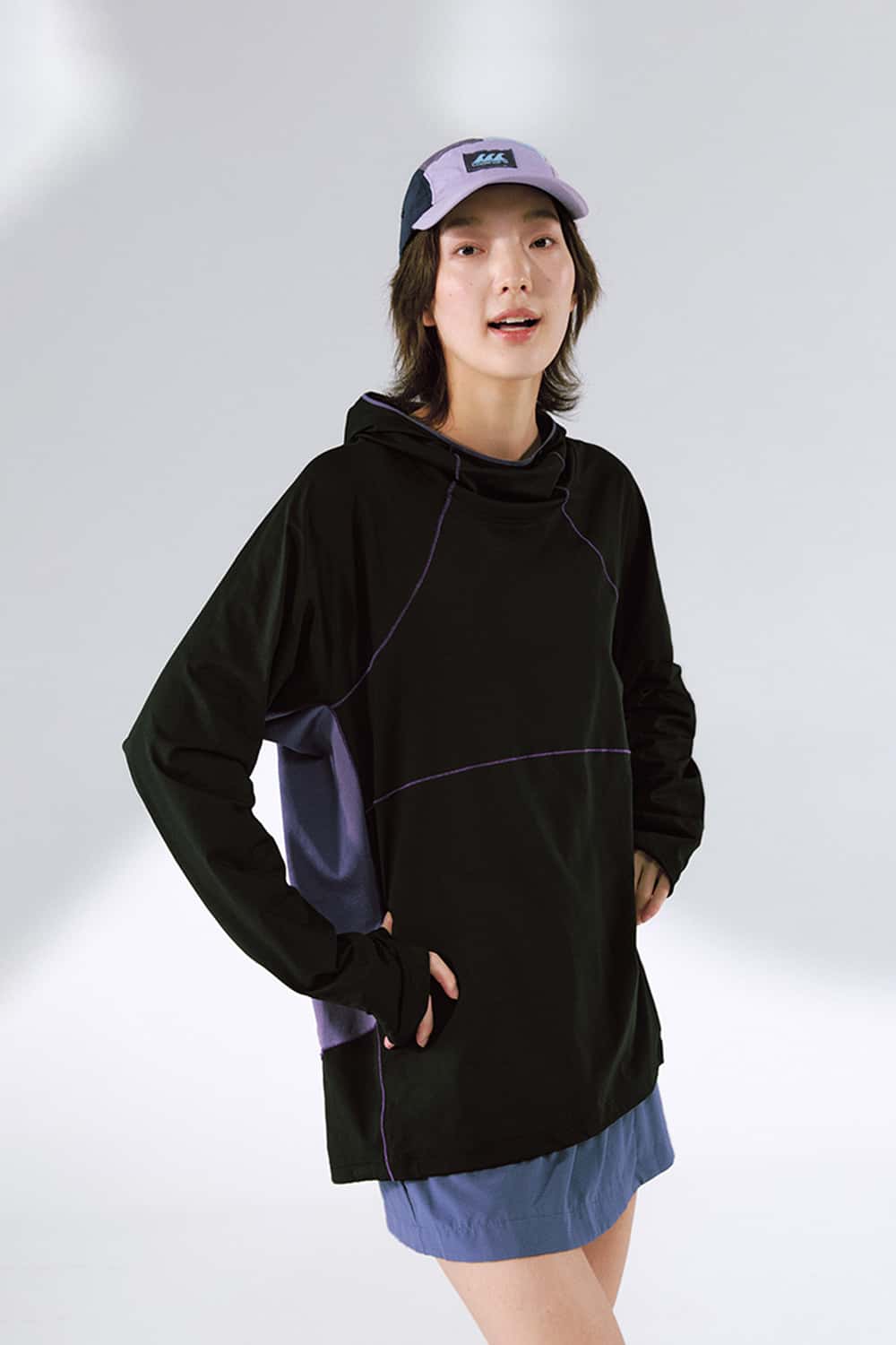 Cooling Color-Block Hooded Long-Sleeve Tee - Black