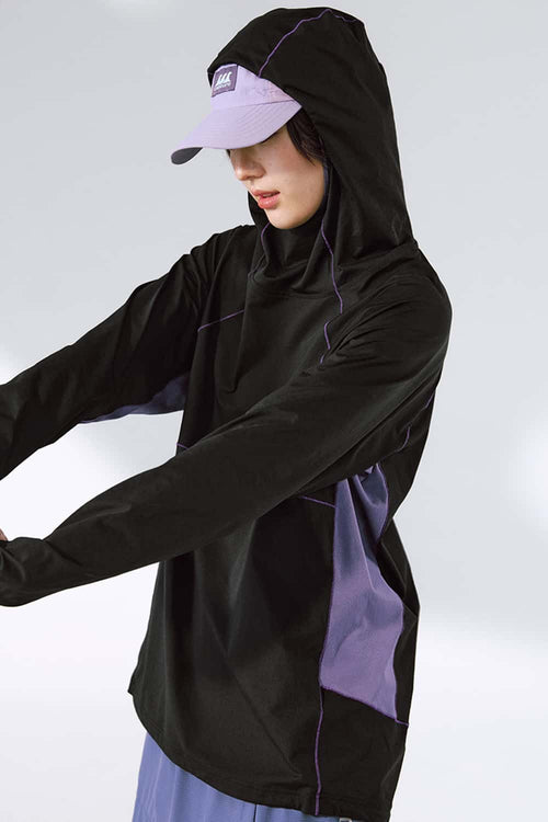 Cooling Color-Block Hooded Long-Sleeve Tee - Black