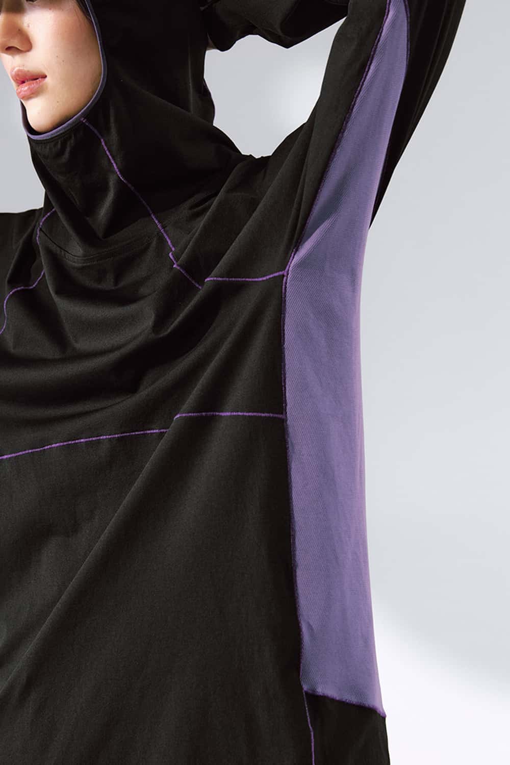 Cooling Color-Block Hooded Long-Sleeve Tee - Black