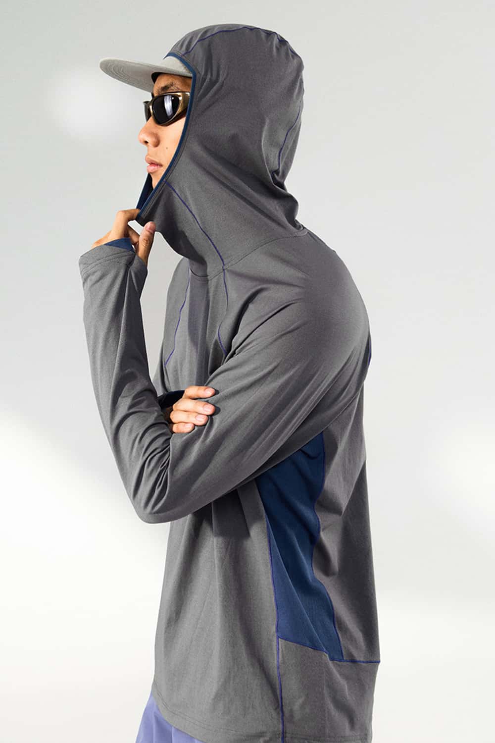 Cooling Color-Block Hooded Long-Sleeve Tee - Gray