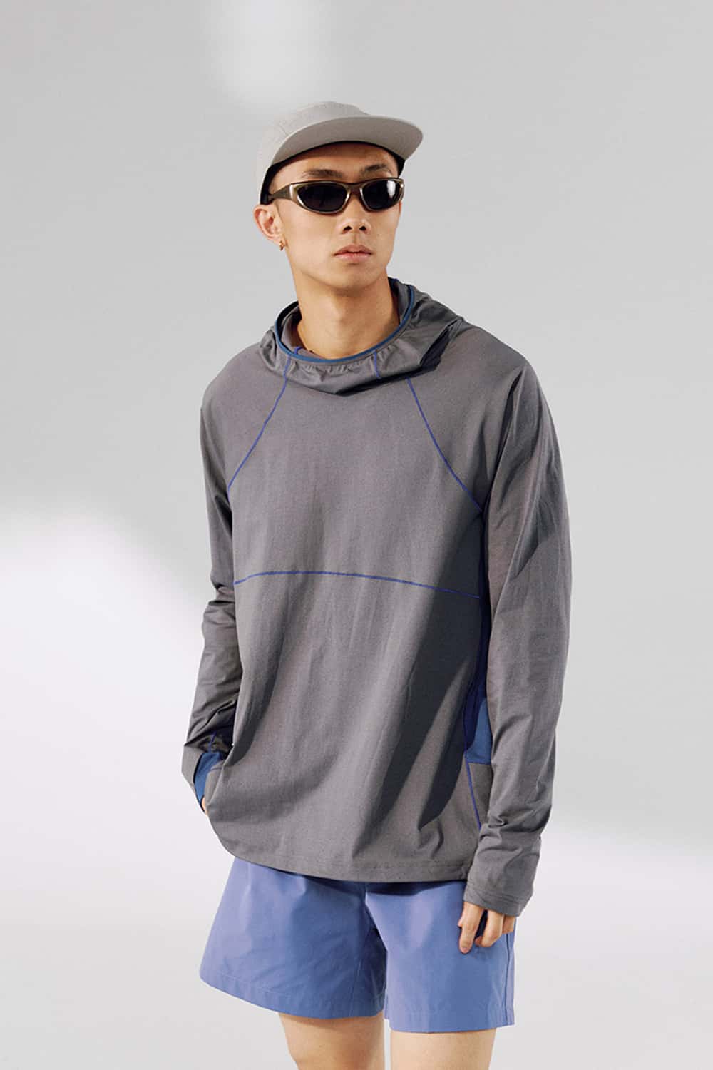 Cooling Color-Block Hooded Long-Sleeve Tee - Gray