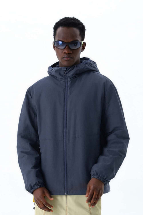Water-Resistant Quilted Hooded Jacket - Navy Blue