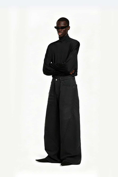 Fleece-Lined Curved Cargo Pants - Black