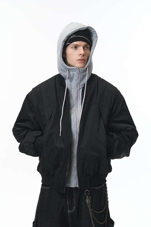 Detachable Hooded Layered Varsity Jacket - Black