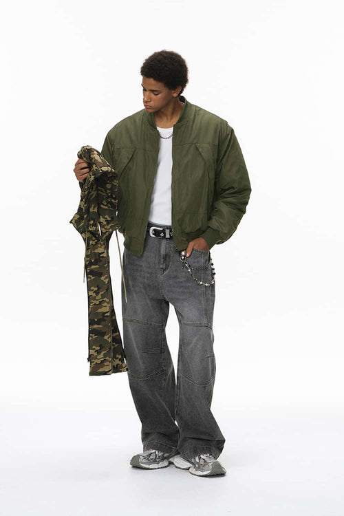 Detachable Hooded Layered Varsity Jacket - Olive