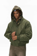 Detachable Hooded Layered Varsity Jacket - Olive