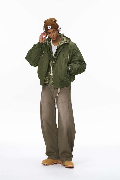 Detachable Hooded Layered Varsity Jacket - Olive