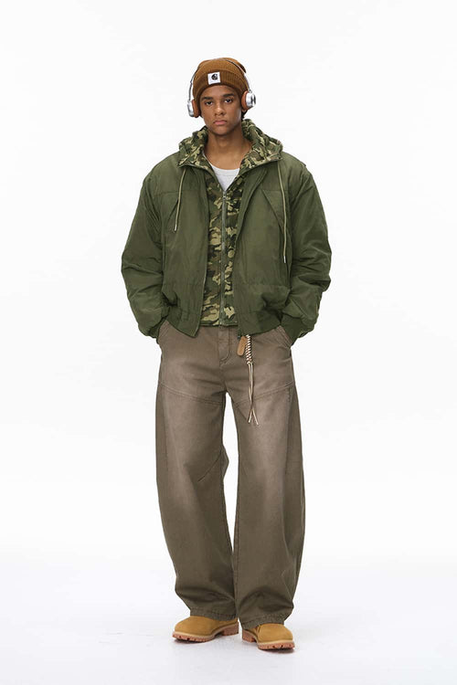 Detachable Hooded Layered Varsity Jacket - Olive