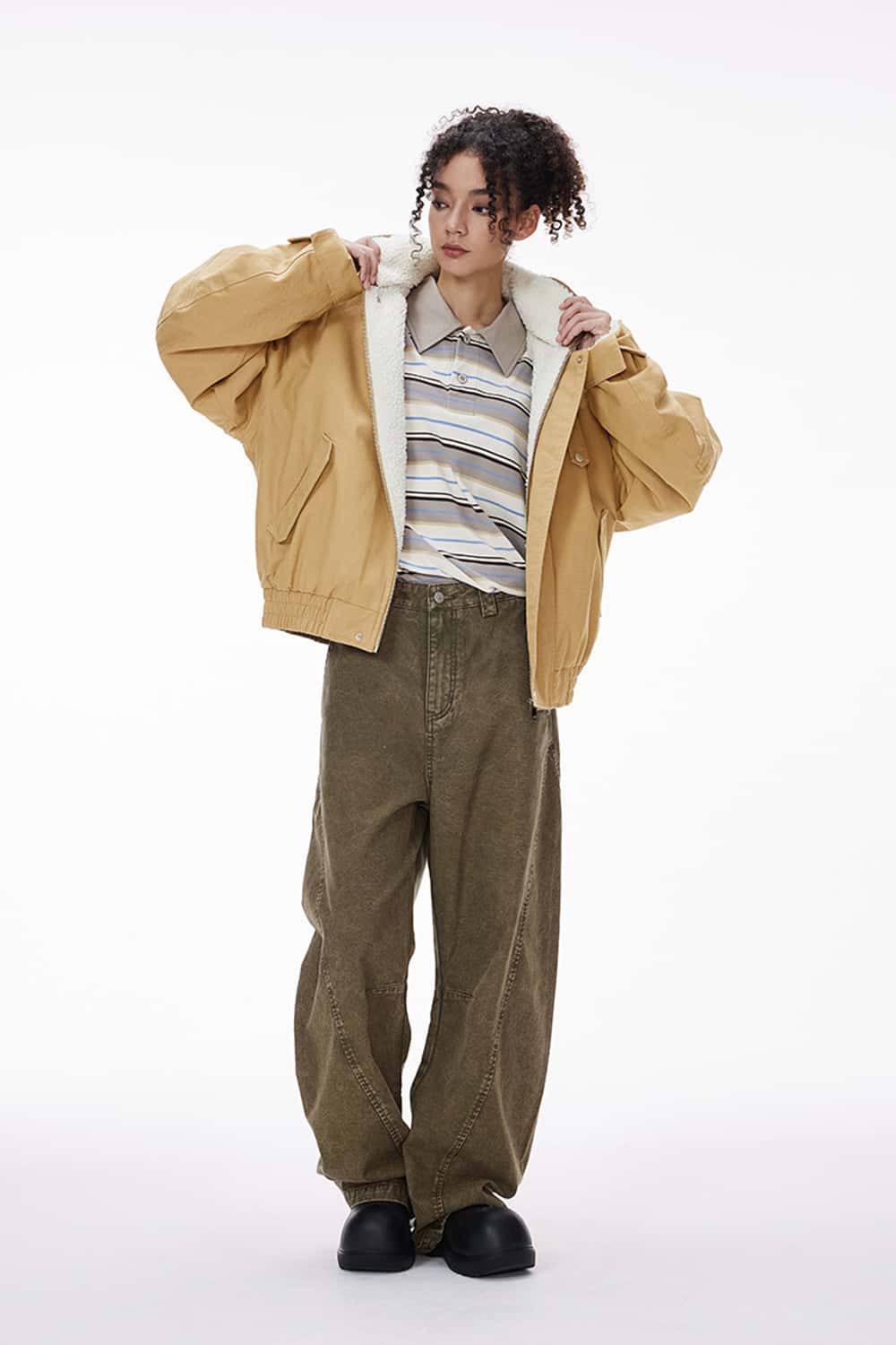 Vintage Detachable Collar Fleece Jacket - Khaki