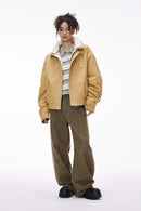 Vintage Detachable Collar Fleece Jacket - Khaki