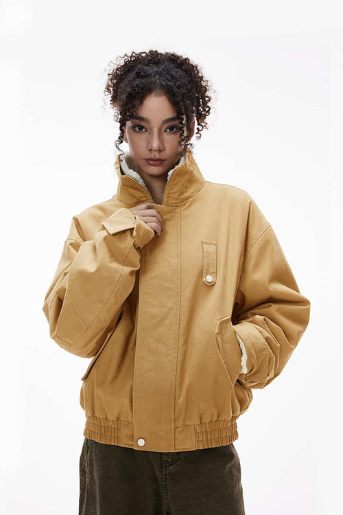 Vintage Detachable Collar Fleece Jacket - Khaki