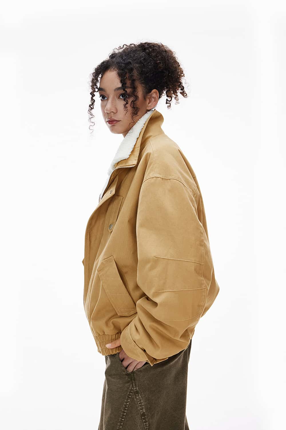 Vintage Detachable Collar Fleece Jacket - Khaki