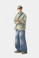 Curved Seam Distressed Denim Jeans - Blue