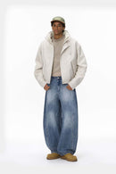 Curved Seam Distressed Denim Jeans - Blue