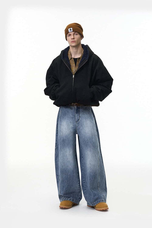 Curved Seam Distressed Denim Jeans - Blue