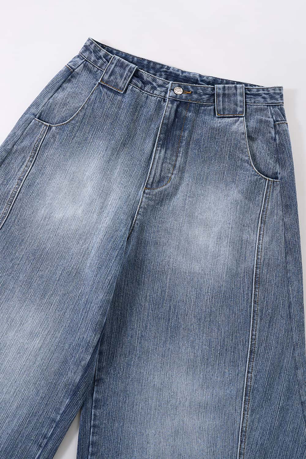 Curved Seam Distressed Denim Jeans - Blue