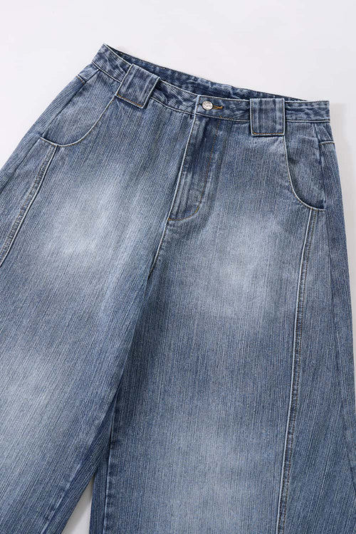 Curved Seam Distressed Denim Jeans - Blue