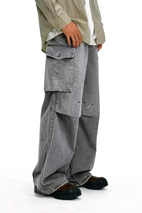 Men's Distressed Ink-Splatter Cargo Pants - Gray