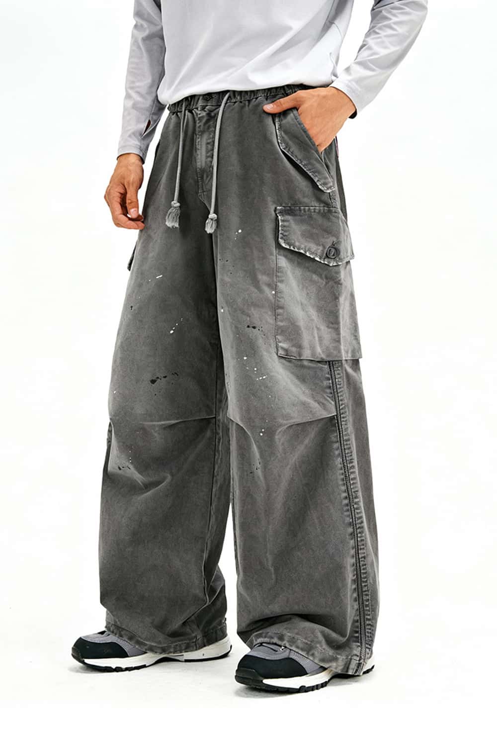 Men's Distressed Ink-Splatter Cargo Pants - Gray