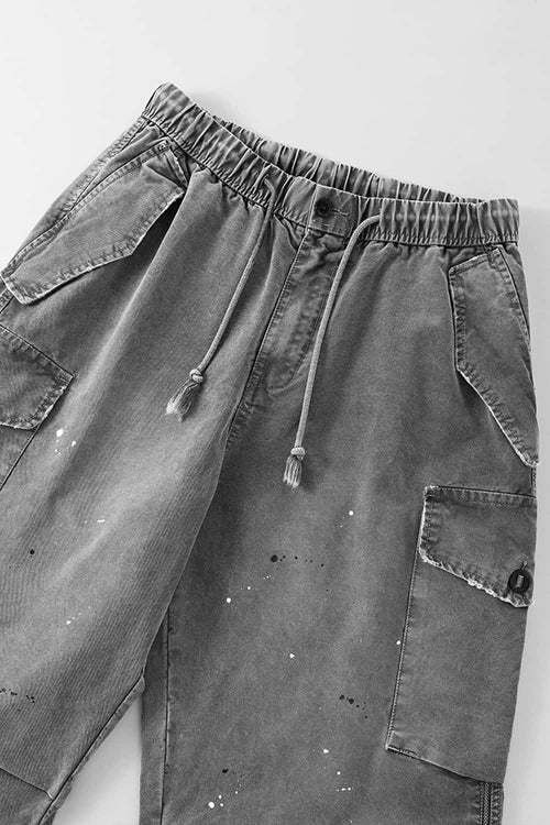 Men's Distressed Ink-Splatter Cargo Pants - Gray