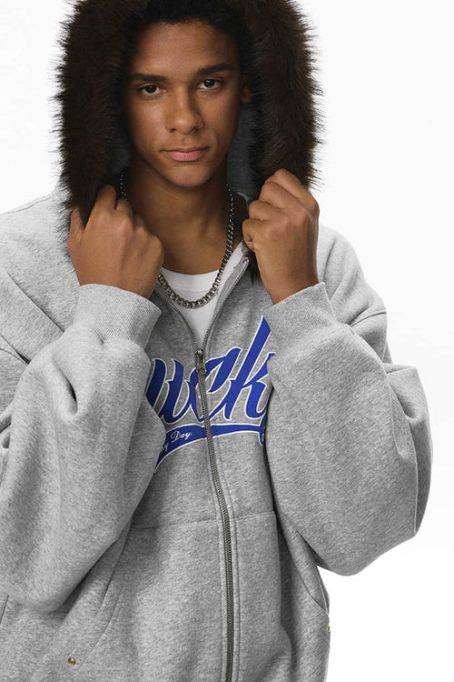 Plush Lined Graphic Heavyweight Hoodie - Flower Gray